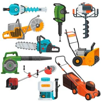 Power tools vector electric construction equipment circular-saw lawn mower Illustrazione stock