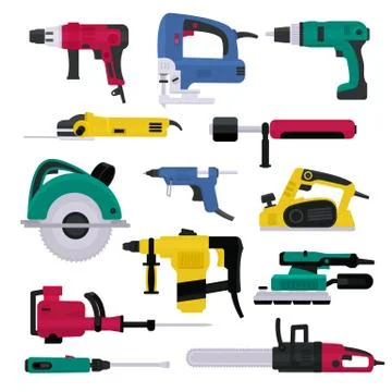 Power tools vector electrical drill and electric construction equipment power Stock Illustration