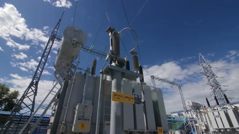 Power transformer with company logo on side in switchyard Stock Footage 155626210