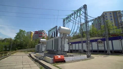 Power transformer distributive plant Stock Footage 89226356
