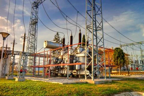 Power transformer in high voltage switchyard Stock Photos