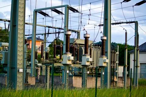 Power transformer in high voltage switchyard in modern electrical substation Stock Photos