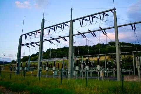 Power transformer in high voltage switchyard in modern electrical substation Stock Photos