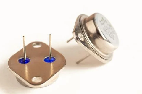 Power transistor is a component electronic devices, NPN and PNP, metal body.. Stock Photos