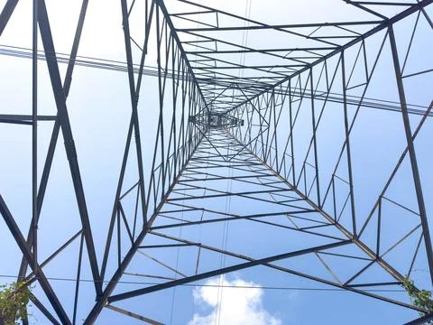 Power Transmission Tower, Angular Perspective, Blue Sky Backdrop Stock Photos