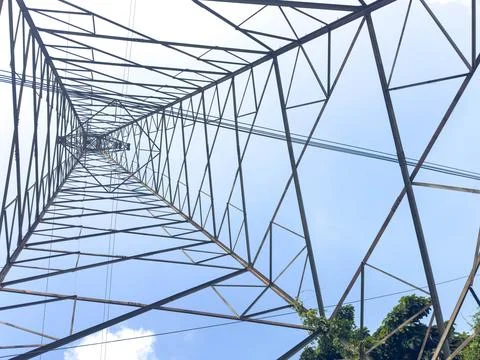 Power Transmission Tower, Angular Perspective, Blue Sky Backdrop Stock Photos