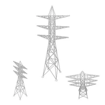 Power transmission tower set.Isolated on white.Vector outline illustration. Stock Illustration