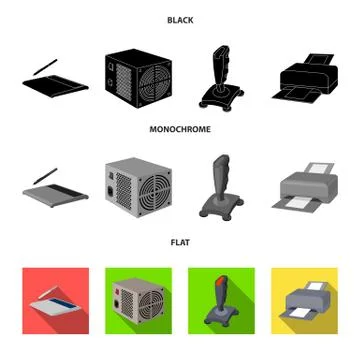 Power unit, dzhostik and other equipment. Personal computer set collection icons Illustrazione stock