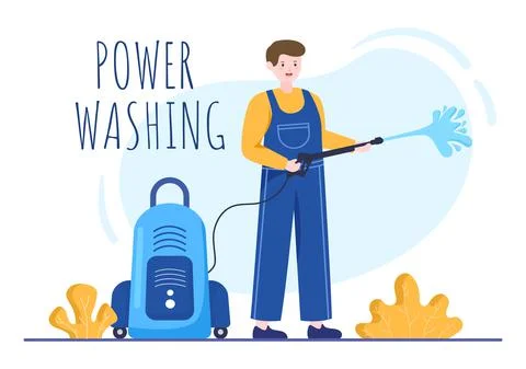 Power Washing Machine Cleaner with Various Cleaning Tools and Outside Cleanup Stock Illustration