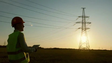 A power worker inspects high-voltage power lines Stockbeeldmateriaal 137455679