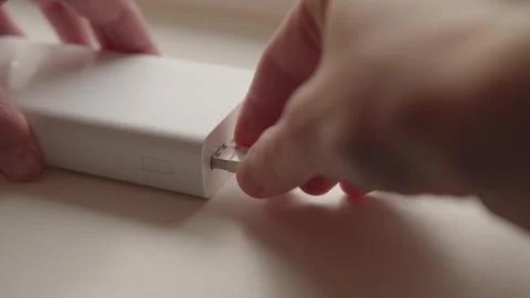 Powerbank external battery charging smartphone lying on the table. The indicator Stock Photos