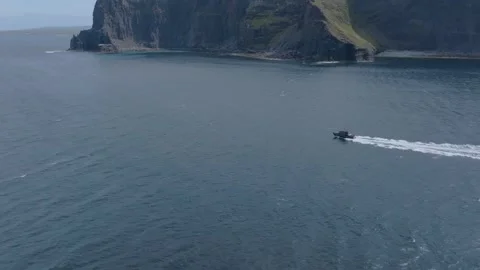 Powerboat Crossing Open Sea Below Cliffs of Moher, Drone Daytime Stock Footage 341019784