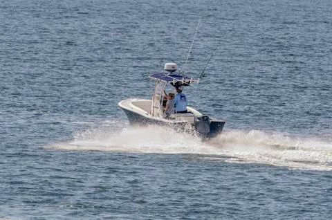 Powerboat heading into Buzzards Bay Stock Photos