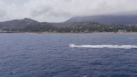 Powerboat in middle of Mediterranean Sea in Spain. Beautiful view Atlantic Ocean Stock Footage 166135341