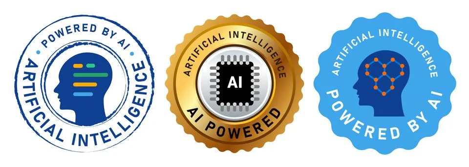 Powered by AI Artificial Intelligence label stamp emblem logo of neural Stock Illustration