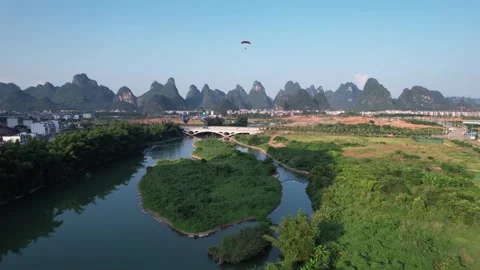 Powered Paraglider Soaring Over Scenic Karst River Valley Video stock 341877308