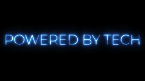 Powered By Tech: Neon Blue Sign on Black Background Stock Footage 295991412