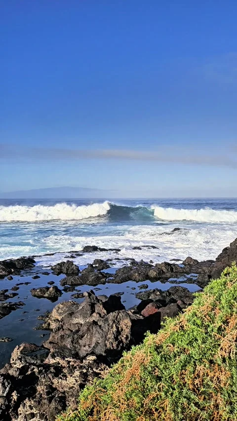 Powerful 4K Atlantic Ocean Waves Crashing on Volcanic Rocks at Sunrise - Tenerif Stock Footage 333548569