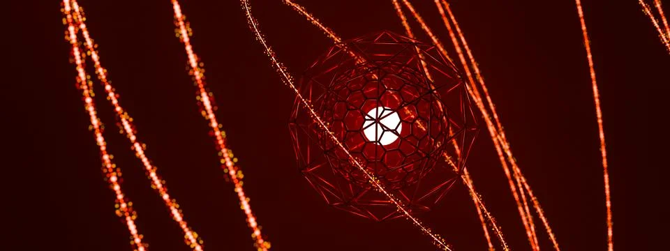 Powerful abstract complex red geometric wireframe structure holding bright gl Foto stock