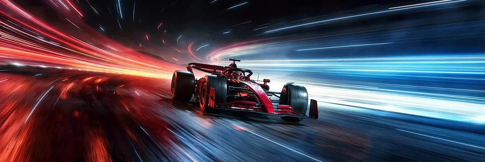 Powerful acceleration of a generic red race car on on the night racing track Stock-Illustration