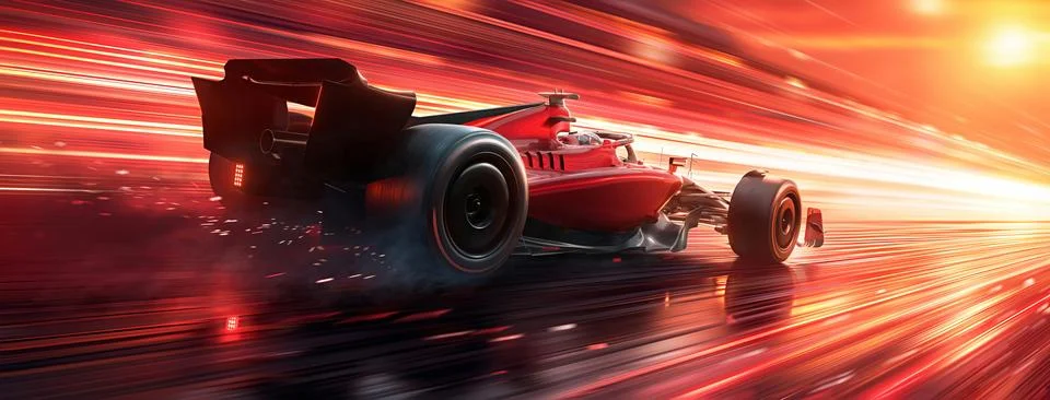 Powerful acceleration of a generic red race car on on the night racing track Stock-Illustration