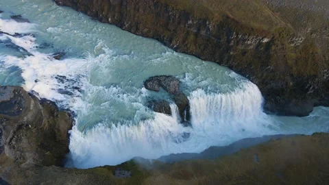 Powerful and wide Gullfoss waterfall with blue river on a sunny day. Stock Footage 226577009