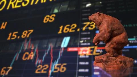 Powerful Bear Symbol Over Global Stock Market Trading Screens 3d render.. Stock Illustration