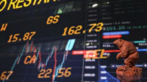 Powerful Bear Symbol Over Global Stock Market Trading Screens 3d render.. Stock Illustration