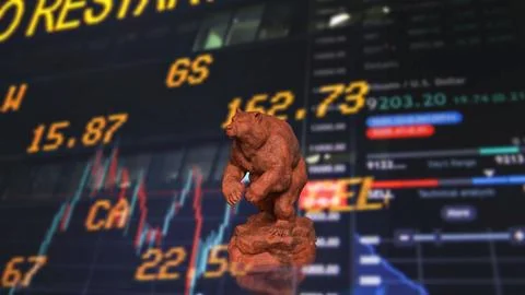 Powerful Bear Symbol Over Global Stock Market Trading Screens 3d render.. Stock Illustration