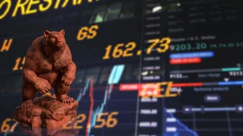 Powerful Bear Symbol Over Global Stock Market Trading Screens 3d render.. Stock Illustration