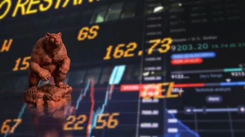 Powerful Bear Symbol Over Global Stock Market Trading Screens 3d render.. Stock Illustration