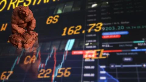 Powerful Bear Symbol Over Global Stock Market Trading Screens 3d render.. Illustrazione stock