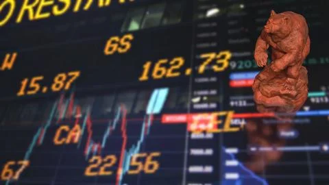 Powerful Bear Symbol Over Global Stock Market Trading Screens 3d render.. Stock Illustration