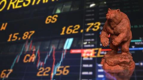 Powerful Bear Symbol Over Global Stock Market Trading Screens 3d render.. Stock-Illustration