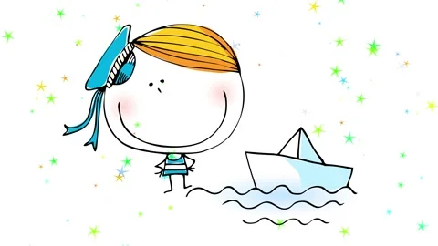 Powerful boy standing besides his winner sailing boat with stars glowing in the Stock Footage 130928546