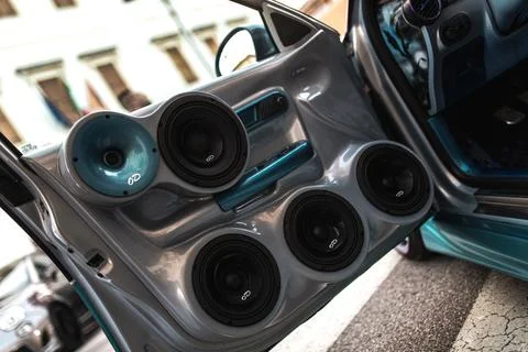 Powerful car audio system featuring multiple speakers and tweeters in custo.. Stock Photos
