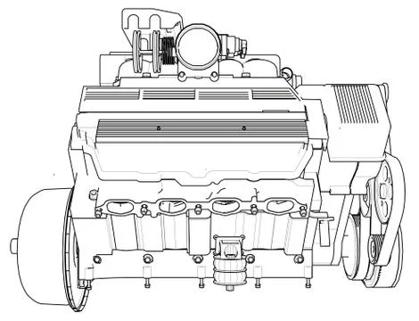 Powerful car engine. The engine is drawn with black lines on a white background. 스톡 일러스트