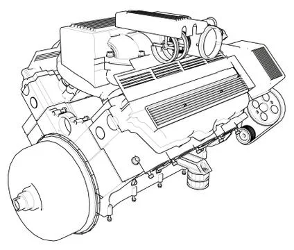 Powerful car engine. The engine is drawn with black lines on a white background. Illustrazione stock