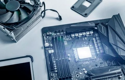 A powerful computer processor and a modern motherboard. 写真素材