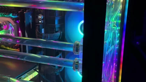 Powerful custom-built gaming computer with a liquid cooling system and Stock Footage 321700452