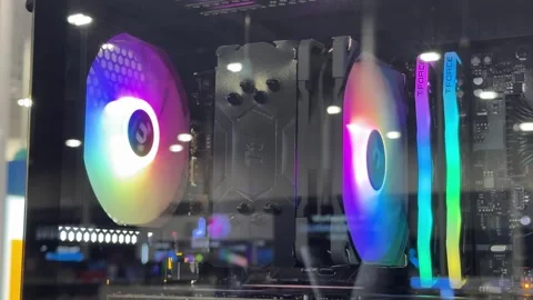 Powerful desktop computer internal hardware featuring dark CPU cooler tower Stock Footage 322146035