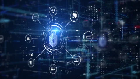 A powerful digital 4K motion featuring a central cyber security digital icon Stock Footage 315387066
