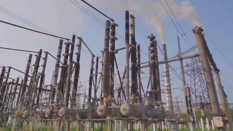 Powerful electrical transmission substation Stock Footage 317913307