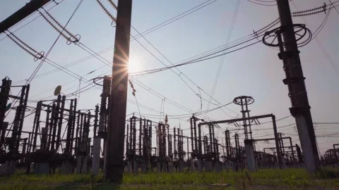 Powerful electrical transmission substation Stock Footage 317913313