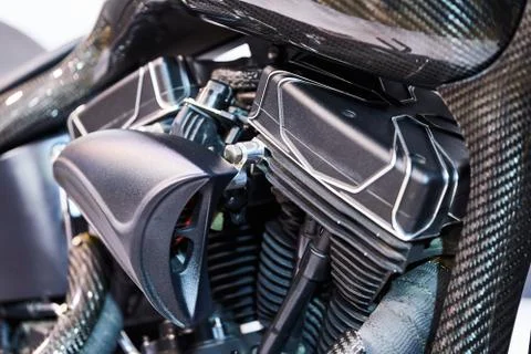 The powerful engine of a modern motorcycle closeup. The layout of the motor Stock Photos