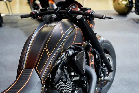 The powerful engine of a modern motorcycle closeup. The layout of the motor Stock Photos