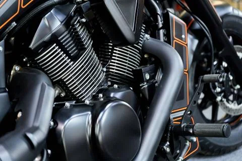 The powerful engine of a modern motorcycle closeup. The layout of the motor Stock Photos
