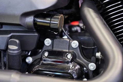 The powerful engine of a modern motorcycle closeup. The layout of the motor Stock Photos