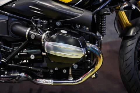 The powerful engine of a modern motorcycle closeup. The layout of the motor Stock Photos