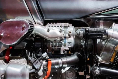 The powerful engine of a modern motorcycle closeup. The layout of the motor Stock Photos